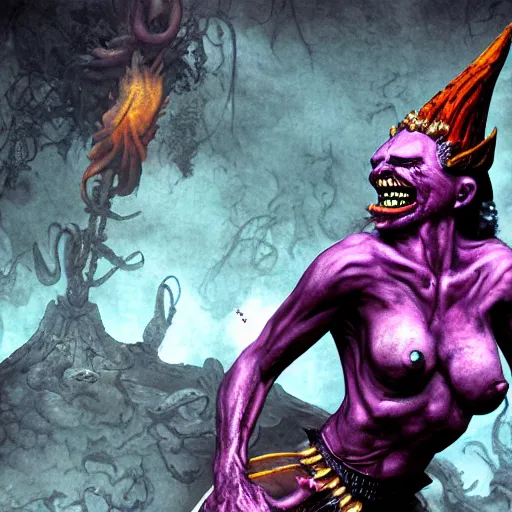 Prompt: laughing slaanesh, style of richard corben, 8 k, ultra detailed, photograph, airbrush, rule of thirds.