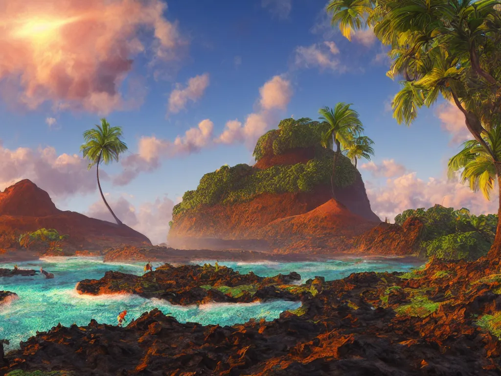 Image similar to 3d render, Sunlight Study, Kauai Lava Rock Beach Lagoons by Jan Davidsz de Heem and ((((Lisa Frank)))), Art Nouveau, 8k, extreme detail, sharp focus, octane render