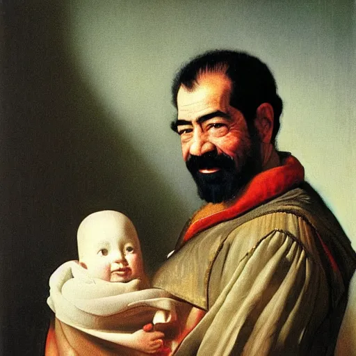 Image similar to A portrait of Saddam Hussein smiling and holding a baby gently in his arms by Johannes Vermeer