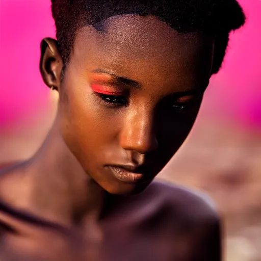 Image similar to portrait face of a beautiful gorgeous black edgy model girl with short hair, bikini, she's sad, sunset, street of africa, 8 0 mm lens, 1. 2 aperture, grainy image, close up, cinematic light, 8 k, 4 k, flair, neon lights, very detailed, depressing atmosphere, cover magazine