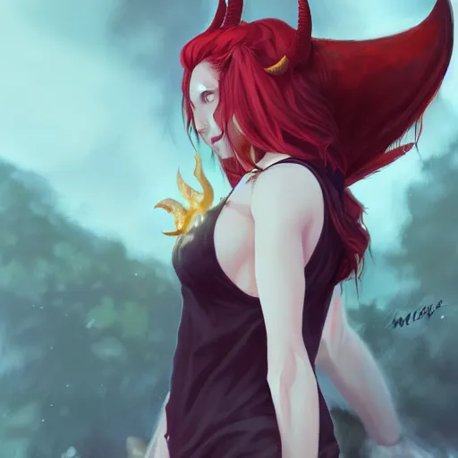 Prompt: pale redheaded demoness with yellow eyes and horns wearing a tanktop, highly detailed, digital painting, artstation, concept art, matte, by makoto shinkai