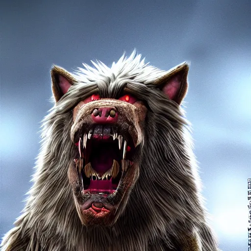 Prompt: A realistic detailed photo of a big dog-like monster, detailed body, red eyes, bent back, big sharp teeth, weakly hairy skin, light particles, detailed light, realistic shaders, trending on artisation, detailed textures, detailed, realistic.