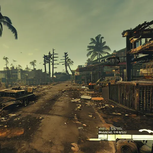 Image similar to Honolulu in ruins post-nuclear war in Fallout 4, in game screenshot