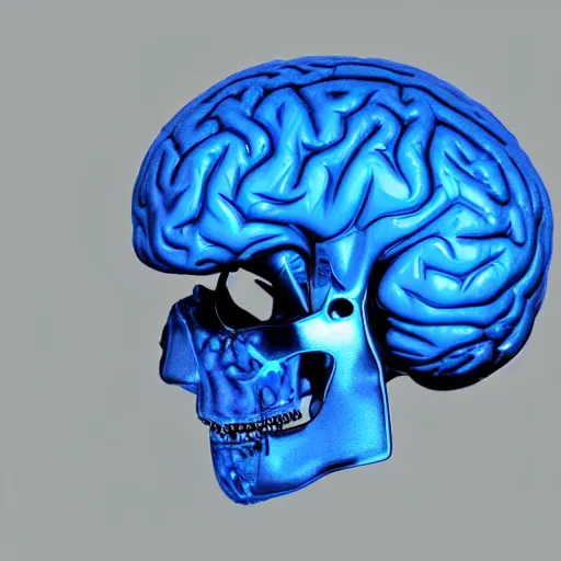 Prompt: a blue anatomically correct human brain made of metal, cybertronic, biomechanical