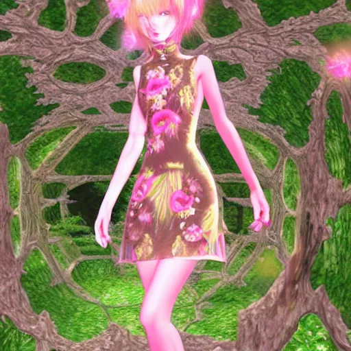 Image similar to cute female forest spirit wearing floral cybernetic valentino resort sheer dress in a 3 d psx ps 2 jrpg style, overgrown esoteric cyber cathedral sanctuary, fashion gameplay screenshot, highly detailed, morning pink gold light