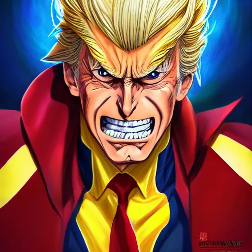 Prompt: anime portrait of trump as All Might by Stanley Artgerm Lau, WLOP, Rossdraws, James Jean, Andrei Riabovitchev, Marc Simonetti, and Sakimichan, trending on artstation