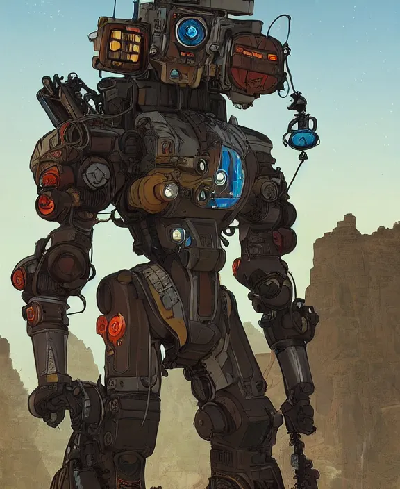 Image similar to solarpunk digital illustration pathfinder robot from apex legends, portrait by james gurney and laurie greasley, concept art, cinematic composition, hyper realism, photorealistic, dramatic lighting, highly detailed, vintage sci - fi