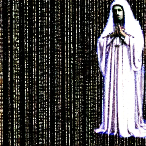 Image similar to vhs static overlay of marian apparition, vhs, 1 9 9 0, beautiful, highly realistic, highly detailed, vhs noise static, black and white, vhs glitch