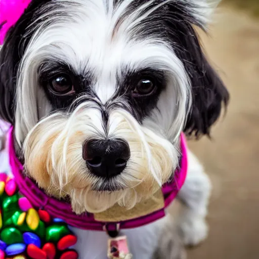 Prompt: a candy sugar skull havanese dog skull, mexico, day of the dead, close up photo, panasonic gh 6 6 0 mm bokeh