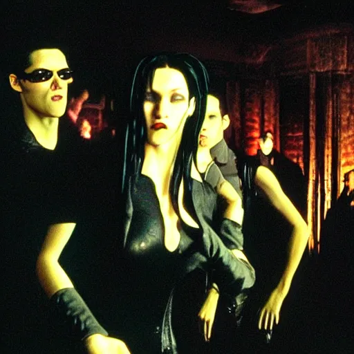 Image similar to High quality realistic photo of goths from the nightclub scene in the Matrix, 1999, dancing in a gothic nightclub. Kodak Ektar, 200 ISO, full length shot, beautiful & realistic faces, Bill Henson style chiaroscuro lighting, 90s cyberpunk anime style colour palette.