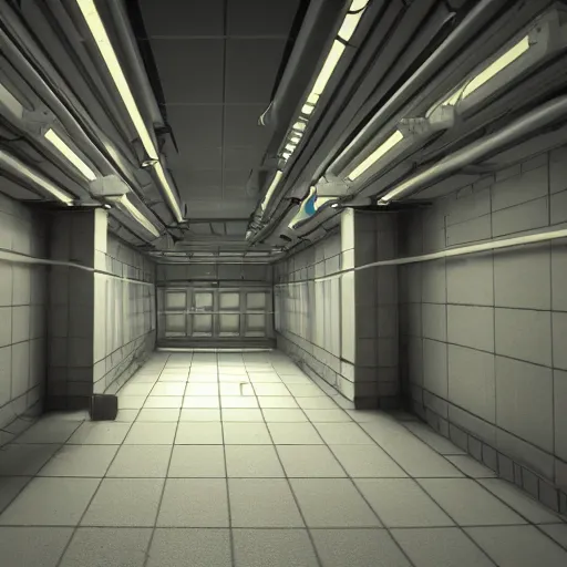 Image similar to lonely spaces of underground lab, sterile, clean, cinematic, liminal space, unreal engine, in-game screenshot