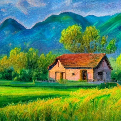 Prompt: An impressionist painting of a house in the middle of a beautiful lush field with mountains in the background, taken at golden hour, 4k, in the style of Salvador Dali