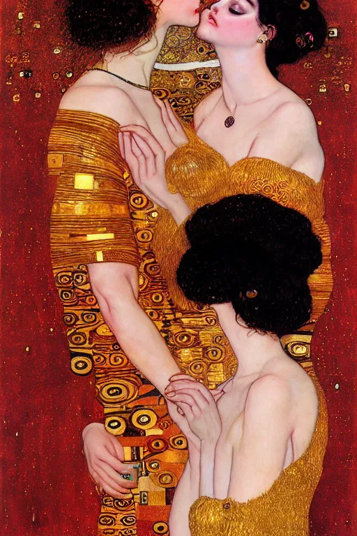 Image similar to two beautiful young goddess, red lighting, kiss, highly detailed, artstation, illustration, art by Gustav Klimt