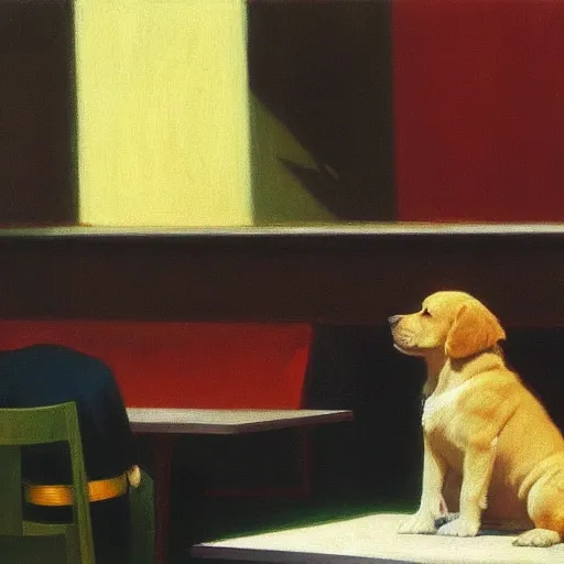 Image similar to golden retriever puppy sitting at a diner drinking a cup of coffee, looking melancholy, Edward Hopper