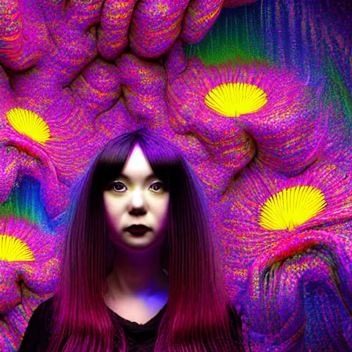 Image similar to hyper detailed 3d render like a Oil painting - kawaii Aurora (Singer) seen Eating of the Strangling network of colorful yellowcake and aerochrome and milky Fruit and Her delicate Hands hold of gossamer polyp blossoms bring iridescent fungal flowers whose spores black the foolish stars by Jacek Yerka, Mariusz Lewandowski, Houdini algorithmic generative render, Abstract brush strokes, Masterpiece, Edward Hopper and James Gilleard, Zdzislaw Beksinski, Mark Ryden, Wolfgang Lettl, hints of Yayoi Kasuma, octane render, 8k