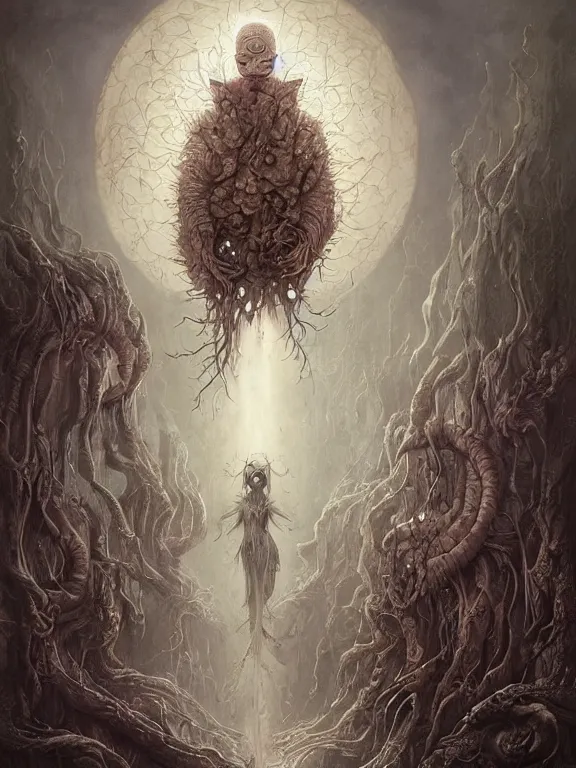 Image similar to A horror illustration layout design of an old Prophecy book revealing the Yidhra who is absorbing other lifeforms to makes her immortall,by Peter Mohrbacher and andrew ferez and Maximilian Pirner and aaron horkey and peter gric,trending on pinterest,medieval,rococo,maximalist,glittering,feminine