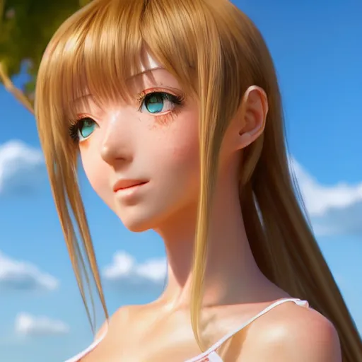 Image similar to Render of a very beautiful 3d anime girl, long hair, hazel eyes, cute freckles, full round face, short smile, cute sundress, golden hour, serene beach setting, medium shot, mid-shot, highly detailed, trending on Artstation, Unreal Engine 4k