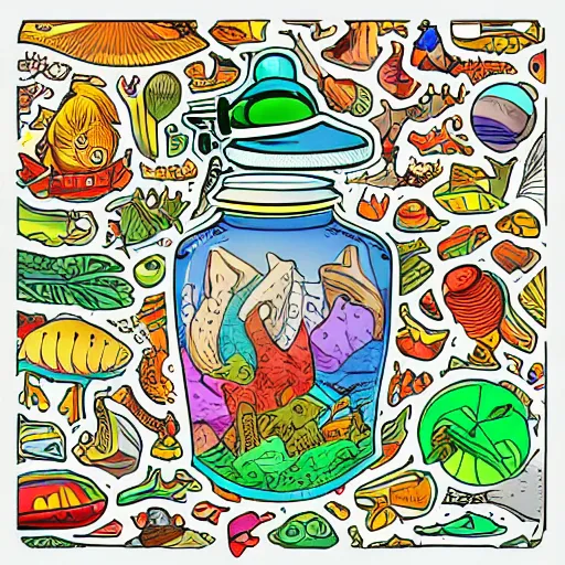 Prompt: Ecosystem in a bottle, sticker, highly detailed, colorful, illustration, drama, smooth and clean vector curves, no jagged lines, vector art, smooth