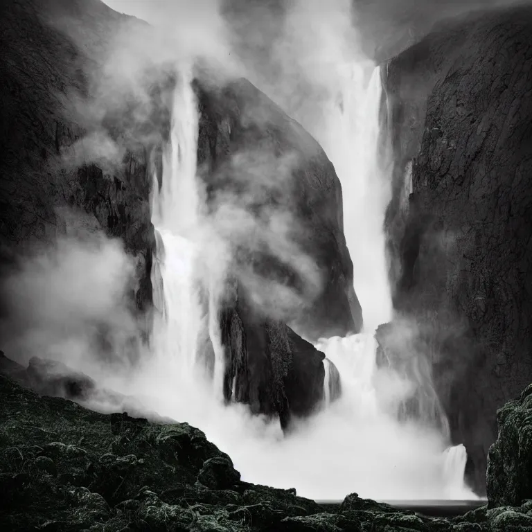 Image similar to dark and moody photo by ansel adams and pedar balke and wayne barlow, a giant tall huge woman in an extremely long white dress made out of smoke, standing inside a green mossy irish rocky scenic landscape, huge waterfall, volumetric lighting, backlit, atmospheric, fog, extremely windy, soft focus