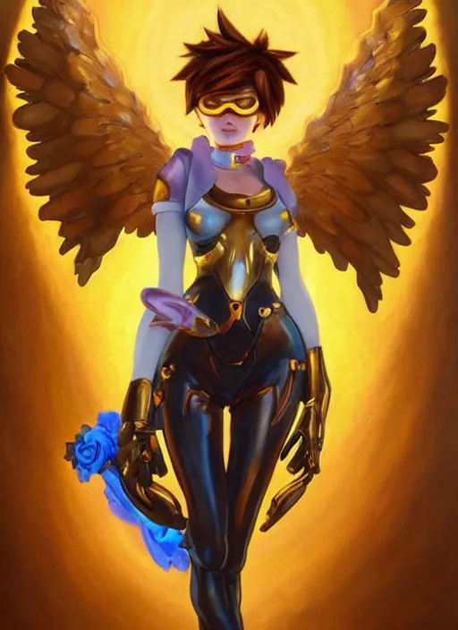 KREA - full body oil painting of tracer overwatch in the style of artgerm,  angel wings, angelic golden armor, dramatic painting, symmetrical  composition, ornate, high detail, gold detailed collar!!!!!, blooming,  lights, flowers