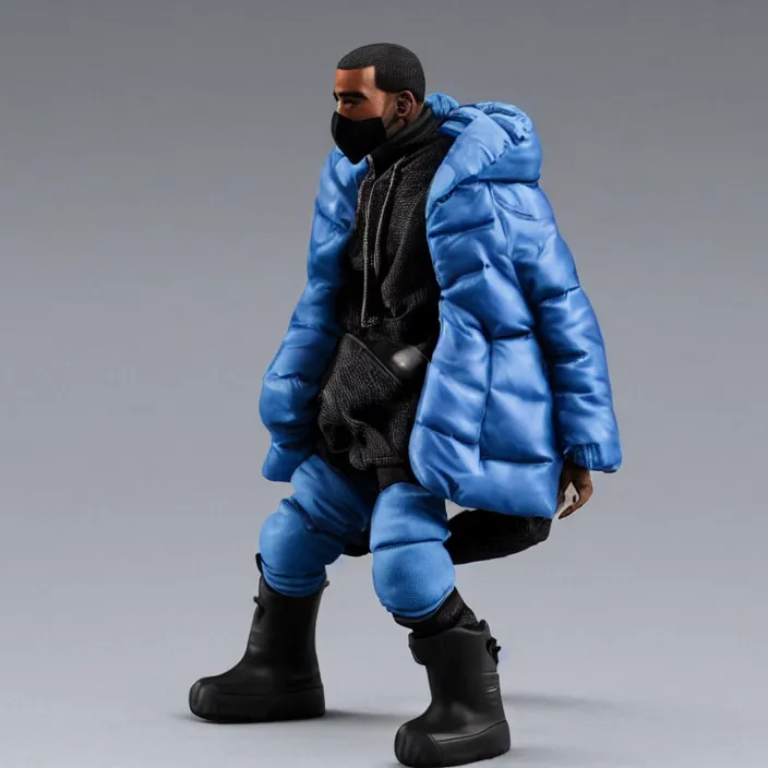 Image similar to a action figure of kanye west using a full face covering black mask, a small, tight, undersized reflective bright blue round puffer jacket made of nylon and big black balenciaga rubber boots, figurine, detailed product photo