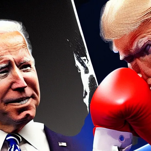 Prompt: Painting of Joe Biden and Donald Trump in a boxing match, realistic