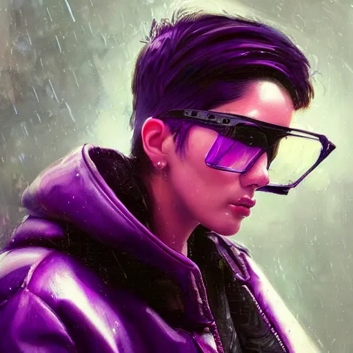 Image similar to very detailed masterpiece painting of a very beautiful wet young mexican cyberpunk woman with blue shutter shades, shaved one side haircut, dark purple hair, purple leather jacket, closeup, cyberpunk background, purple lighting, raining, portrait, artstation, concept art by greg rutkowski