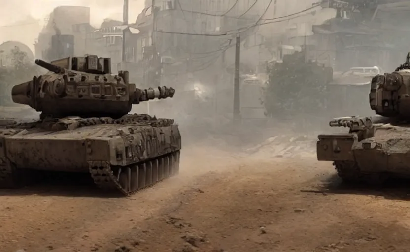 Prompt: A cybernetic tank driving down a dirt street, cinematic, epic