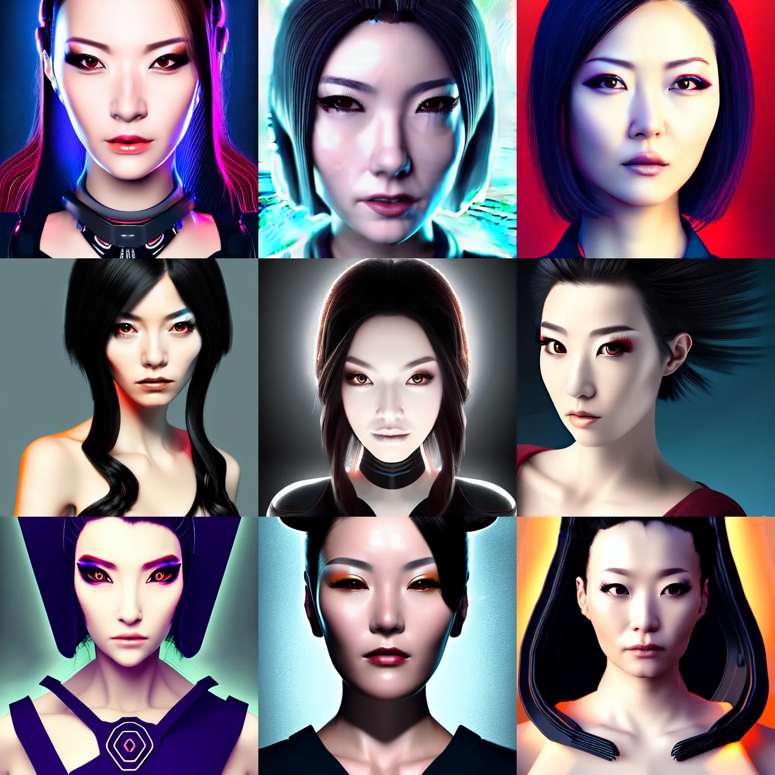 Prompt: headshot portrait of a posh seductive cyberpunk woman, japanese heritage, high detail, soft studio lighting, full frontal lighting, digital photography, hyper realistic style, style of starfinder