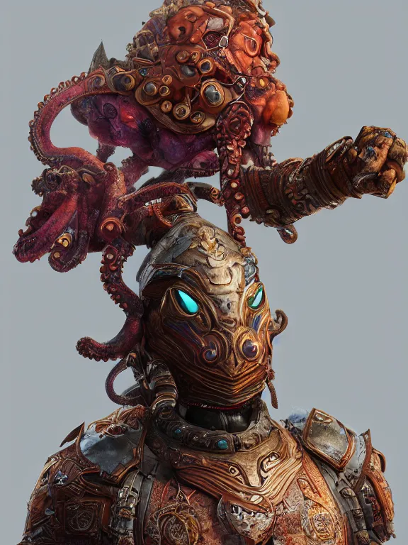 Prompt: full body frontview portrait of warrior in octopus armour, character design, designed in blender, 4 k hd, octane render, intricate and highly detailed, coloured with lots of colour, cinematic, posing,