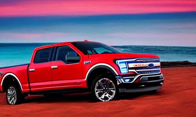 Image similar to Ford F150 Nebula 2022 Truck on a Red Sand Beach, sunset