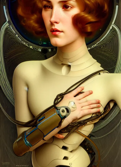 Image similar to portrait of a beautiful female android, coy, circuitry visible in head, in the style of ex machina, digital painting, karol bak, alphonse mucha, gil elvgren, award winning, hr giger, artstation, 8 k