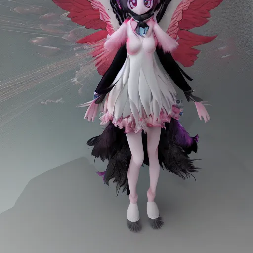 Image similar to cute fumo plush of a divine angel, gothic maiden, ribbons and flowers, ruffled wings, feathers raining, particle simulation, clouds, vray, outline glow lens flare, divine wrath