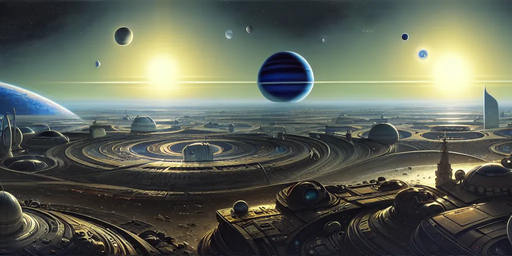 Image similar to planetary city, 2 biggest planets on the horizon of different sizes, intricate, highly detailed, photorealistic, digital painting, artstation, illustration, concept art, smooth, sharp focus, by ansel adams, bernardo bellotto, john collier, albert aublet and krenz cushart