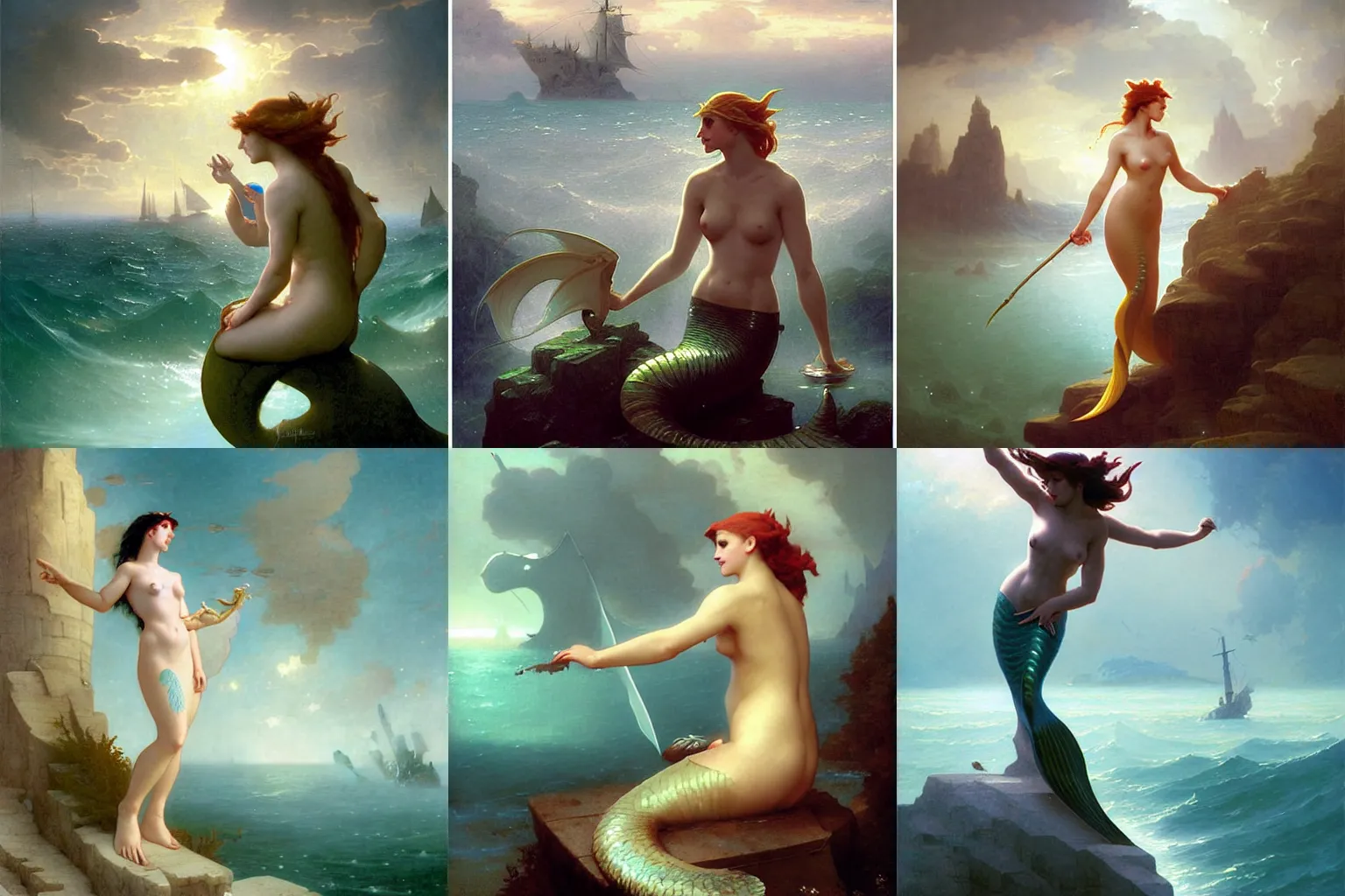 Prompt: a mermaid siren princess calling out towards sailors on a distant ship. 15mm lens. Masterpiece. By Jordan Grimmer. By Bouguereau.