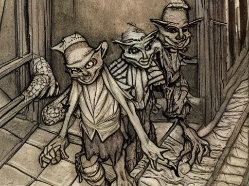 Image similar to a painting of goblins in an art gallery by arthur rackham and Tony DiTerlizzi, trending on artstation, detailed