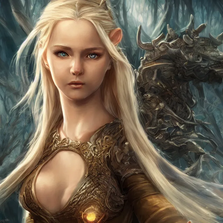 Prompt: extremely detailed fantasy art of a cute blonde female, lord of the rings style, poster, full figure, fantasy, 8 k