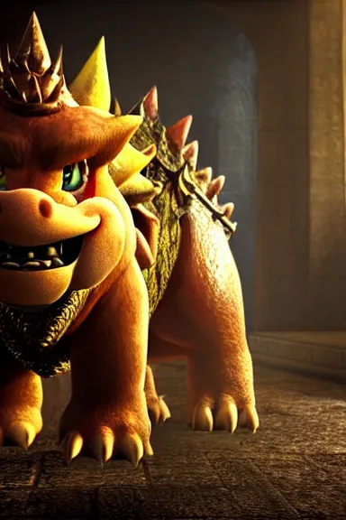 Image similar to very very intricate photorealistic photo of bowser in an episode of game of thrones, photo is in focus with detailed atmospheric lighting, award - winning details