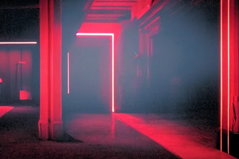 Image similar to a dark conference hall, half full, atmospheric and obscure, red neon light, by roger deakins, cinematography, syd mead