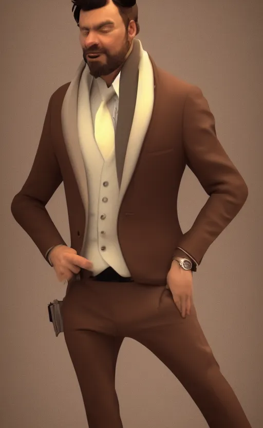 Image similar to a rich daddy, 3 6 years old, wear brown suits, stubble, cramel hair, character concept art, octane render, trending by artstation, artbreeder