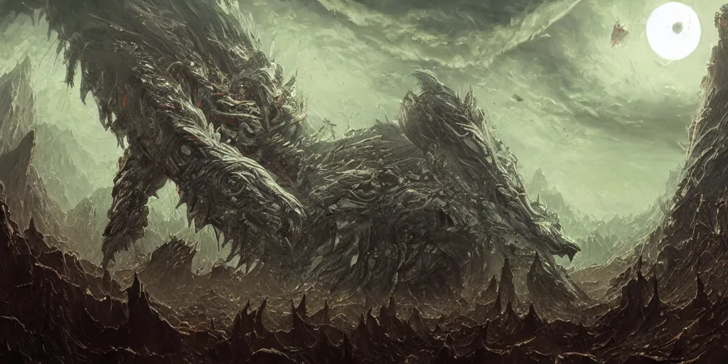 Prompt: concept art of giant kaiju, japanese, lots of teeth, melting horror, round moon, rich clouds, fighting the horrors of the unknown, mirrors, very detailed, volumetric light, mist, grim, fine art, decaying, textured oil over canvas, epic fantasy art, very colorful, ornate, anato finnstark