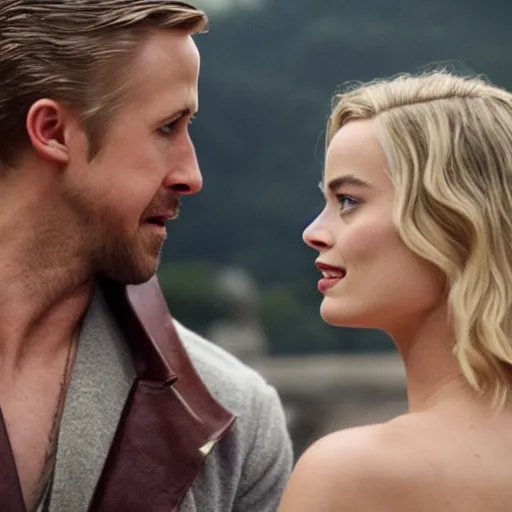 Image similar to still of ryan gosling and margot robbie, in ancient greece