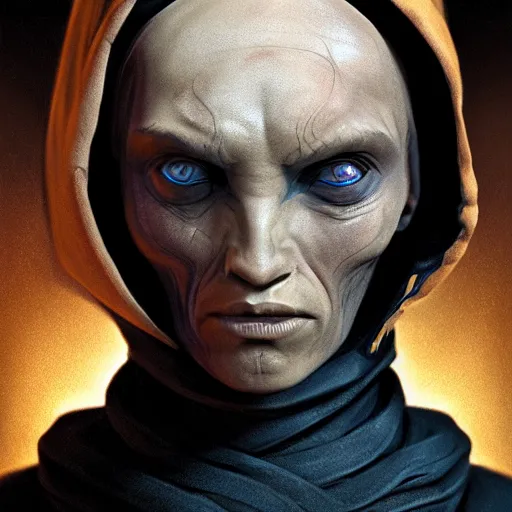 Prompt: portrait of a dune fremen warrior with a hooded face, character, dark background, mid shot portrait, octane renderer, concept design, centered, facial feature symmetry, hyper realistic micro detail, photorealistic, even lighting, matte finish, in the style of dishonored, daniela uhlig, vance kovaks, florent auguy, high quality painting by lucian freud