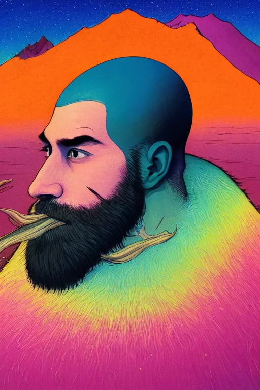 Prompt: a colorful closeup portrait of a handsome young bald man with a very long wild beard sucking a blotter paper of lsd acid and dreaming psychedelic hallucinations in the vast icy landscape of antarctica, by kawase hasui, moebius and edward hopper, colorful flat surreal design, hd, 8 k, artstation