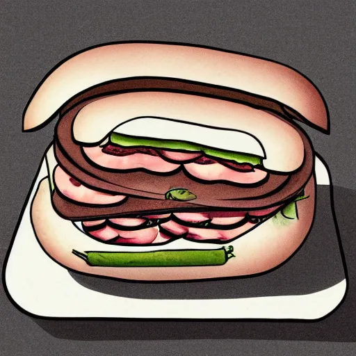 Image similar to line drawing of a pig in between two buns as a sandwich, outside art