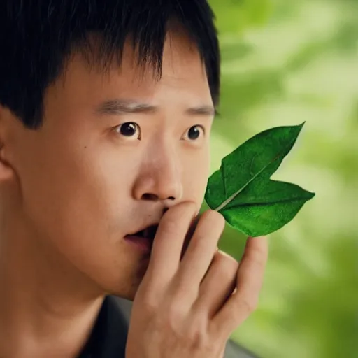 Prompt: an award winning cinematic still of surprised Justin Sun with extremely long wooden nose with leaf, 16k hyper realistic photograph, close-up professional portrait, centered, dramatic lighting