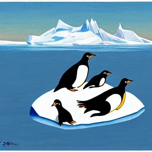 Prompt: penguins on an iceberg, cartoon by s. gross