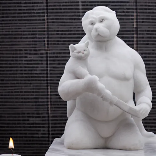 Prompt: a white marble statue of the reddit mascot in a darkened room surrounded by lit candles