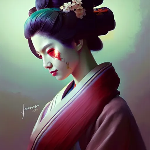 Image similar to pretty geisha, d & d digital painting, ultra realistic, beautiful, volumetric lighting, warm colors advance, cell shading, by james jean, greg rutkowski, wlop