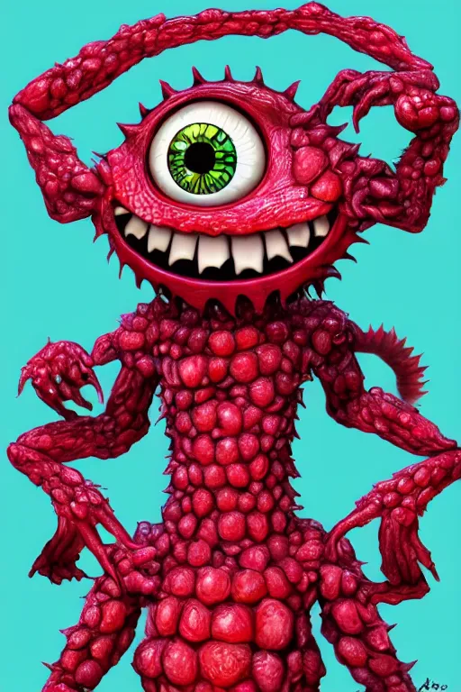 Image similar to a humanoid figure raspberry monster, large eyes and smug smile, highly detailed, digital art, sharp focus, trending on art station, anime art style